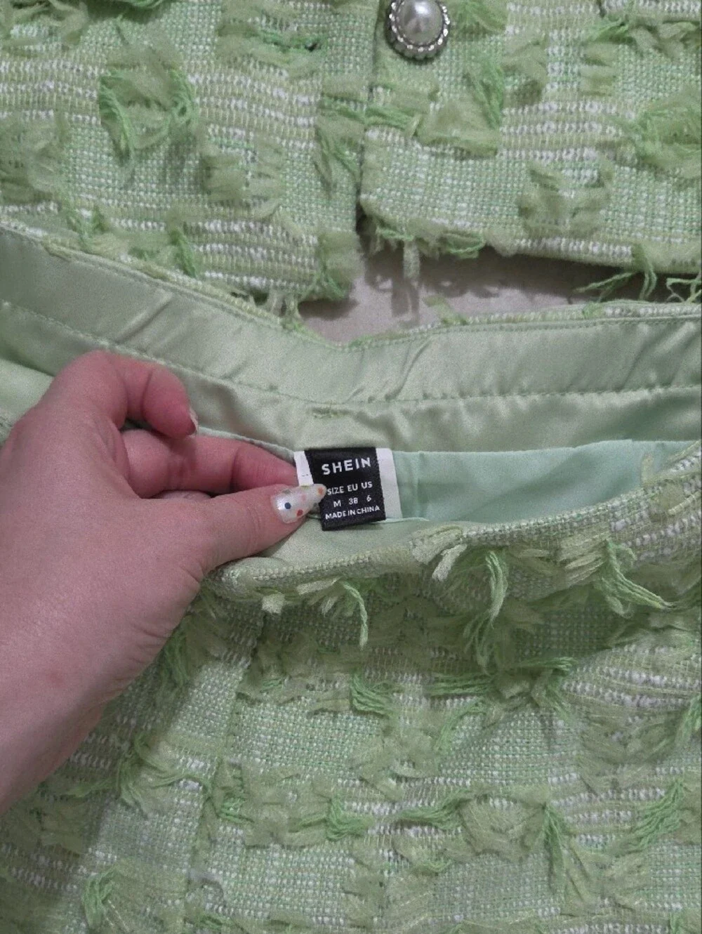 SHEIN Light Green Tweed Two-Piece Skirt Set with Pearl Buttons